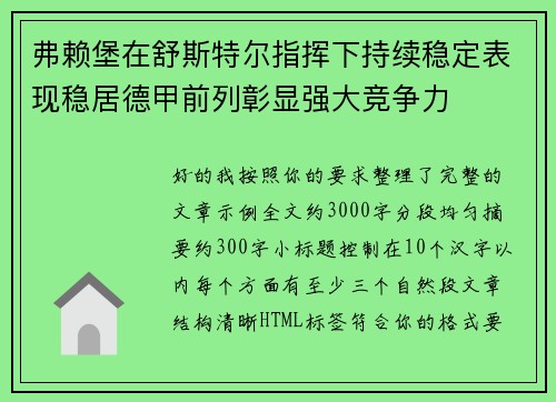 弗赖堡在舒斯特尔指挥下持续稳定表现稳居德甲前列彰显强大竞争力 弗赖堡在舒斯特尔指挥下持续稳定表现稳居德甲前列彰显强大竞争力